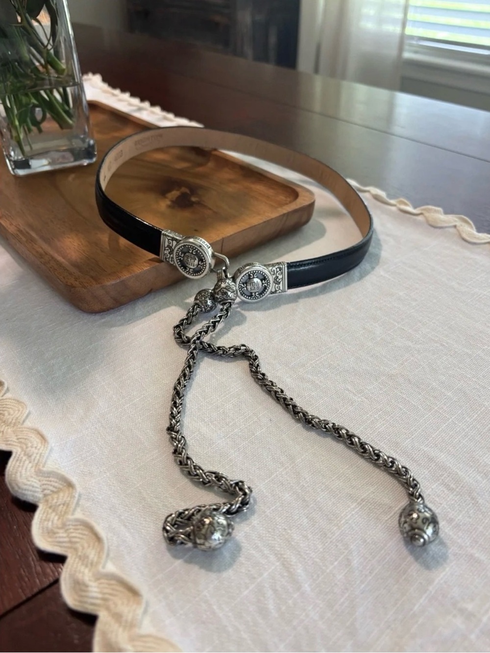 Silver-Tone Black Leather Western Slide Belt with Chain Tassels